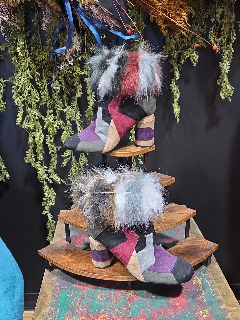 NEW! Penny Loves Kenny Multicolor Patchwork Fur-Trim Ankle Boots
